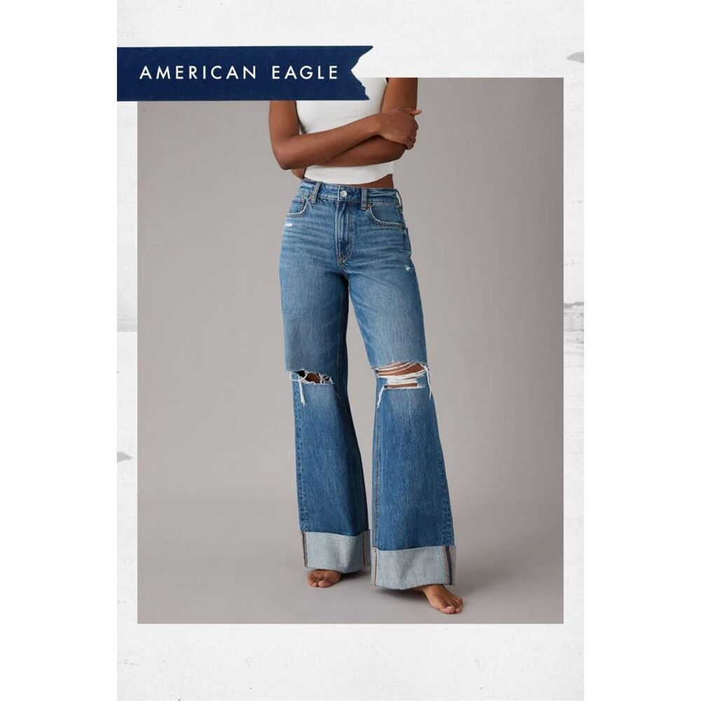 American Eagle Super High-Waisted Baggy Wide-leg Jean Cuffed Size 2